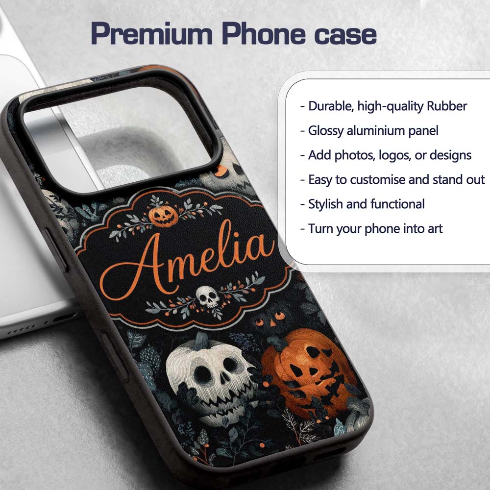Halloween Pumpkin Botanical Dark Leaves Seamless Custom Name Protective Phone Case Mobile Cover Durable Everyday Smartphone Shock Resistant