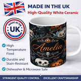 Personalized Custom Name Halloween Pumpkin Botanical Dark Leaves Seamless Pattern Name Cute 11oz Ceramic Coffee Tea Mug White Large Handle