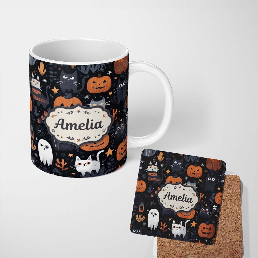 Personalized Custom Name Cute Halloween Cats and Pumpkins Night Seamless Pattern Name Unique 11oz Ceramic Coffee Tea Mug White Large Handle