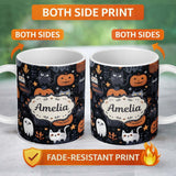Personalized Custom Name Cute Halloween Cats and Pumpkins Night Seamless Pattern Name Unique 11oz Ceramic Coffee Tea Mug White Large Handle