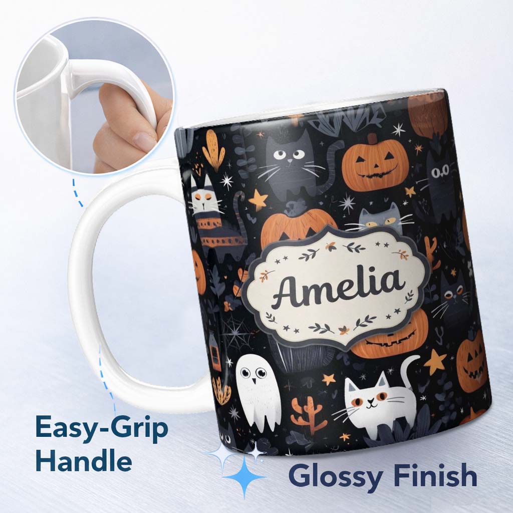 Personalized Custom Name Cute Halloween Cats and Pumpkins Night Seamless Pattern Name Unique 11oz Ceramic Coffee Tea Mug White Large Handle