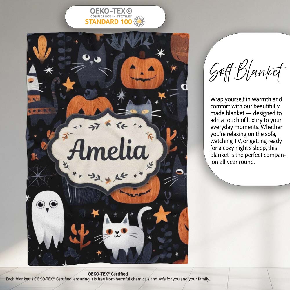Cute Halloween Cats and Pumpkins Night Seamless Pattern Name Unique  Personalised Custom Name Super Soft Fleece Blanket Bed Sofa Throw