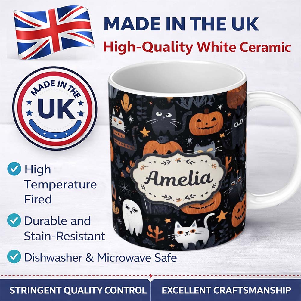 Personalized Custom Name Cute Halloween Cats and Pumpkins Night Seamless Pattern Name Unique 11oz Ceramic Coffee Tea Mug White Large Handle