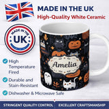 Personalized Custom Name Cute Halloween Cats and Pumpkins Night Seamless Pattern Name Unique 11oz Ceramic Coffee Tea Mug White Large Handle