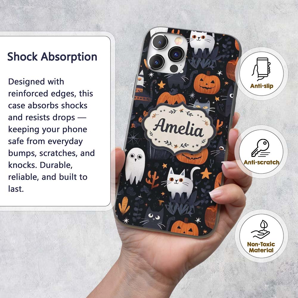 Cute Halloween Cats and Pumpkins Night Seamless Custom Name Protective Phone Case Mobile Cover Durable Everyday Smartphone Shock Resistant