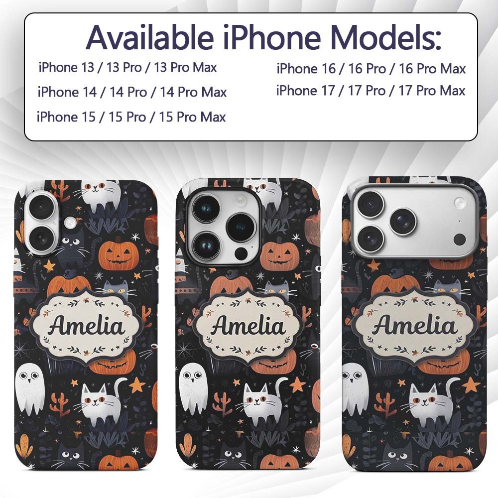 Cute Halloween Cats and Pumpkins Night Seamless Custom Name Protective Phone Case Mobile Cover Durable Everyday Smartphone Shock Resistant