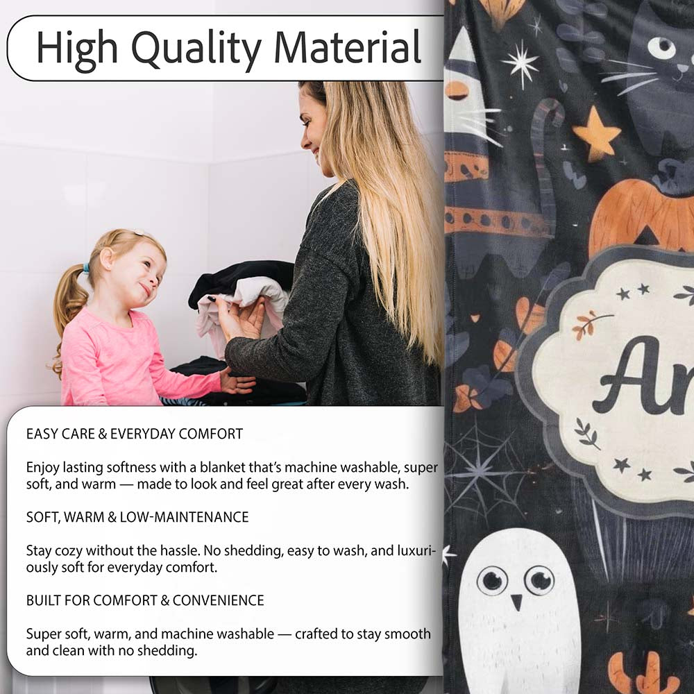 Cute Halloween Cats and Pumpkins Night Seamless Pattern Name Unique  Personalised Custom Name Super Soft Fleece Blanket Bed Sofa Throw