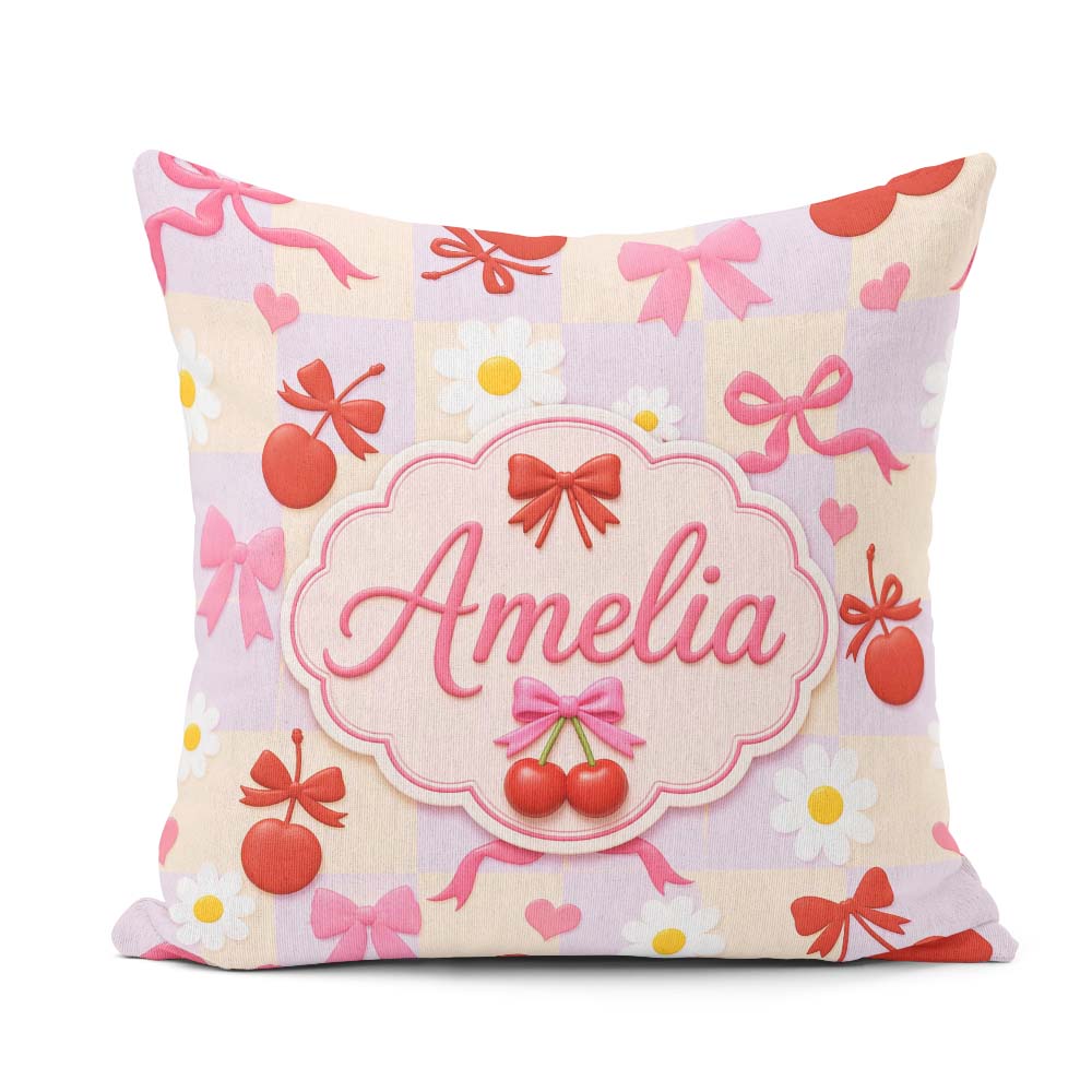Custom Name Cute Cherry Bow Daisy Heart Seamless on Pastel Lilac Square Filled Cushion Throw Pillow Sofa Bed Home Decor Zip Washable UK Made