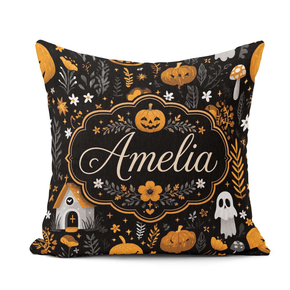 Custom Name Halloween Cute Ghost House Floral Night Pattern Name Square Filled Cushion Throw Pillow Sofa Bed Home Decor Zip Washable UK Made