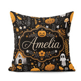 Custom Name Halloween Cute Ghost House Floral Night Pattern Name Square Filled Cushion Throw Pillow Sofa Bed Home Decor Zip Washable UK Made
