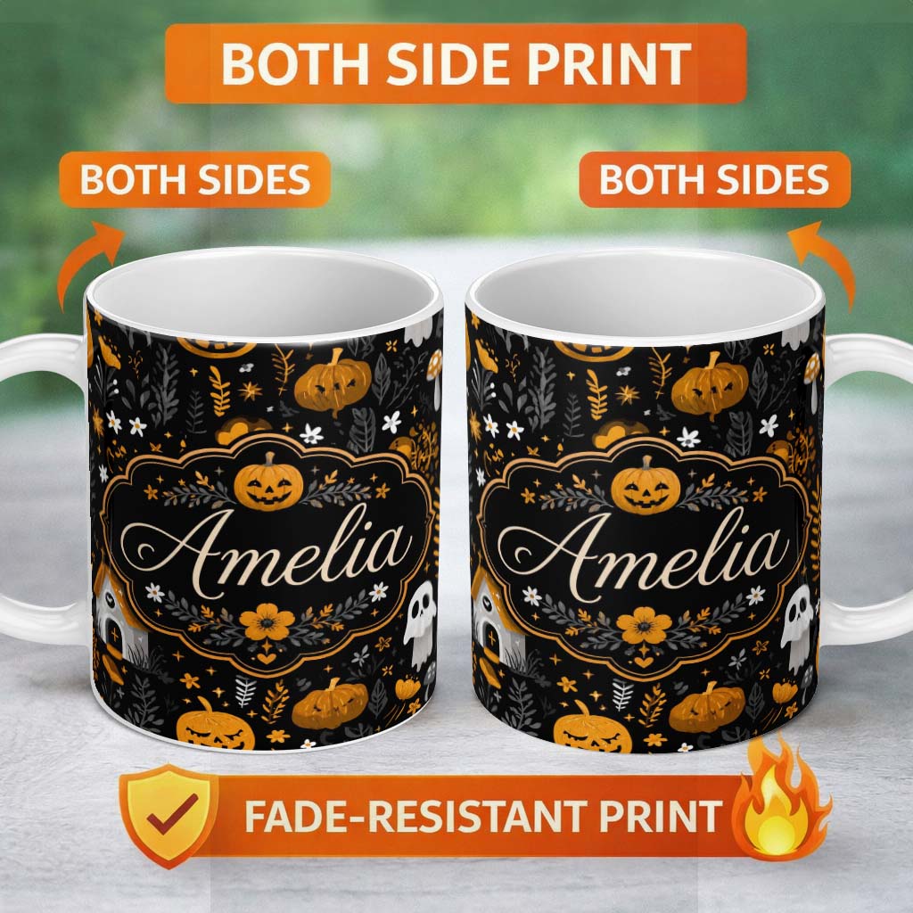 Personalized Custom Name Halloween Cute Ghost House Floral Night Seamless Pattern Name 11oz Ceramic Coffee Tea Mug White Large Handle