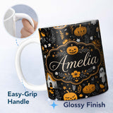 Personalized Custom Name Halloween Cute Ghost House Floral Night Seamless Pattern Name 11oz Ceramic Coffee Tea Mug White Large Handle