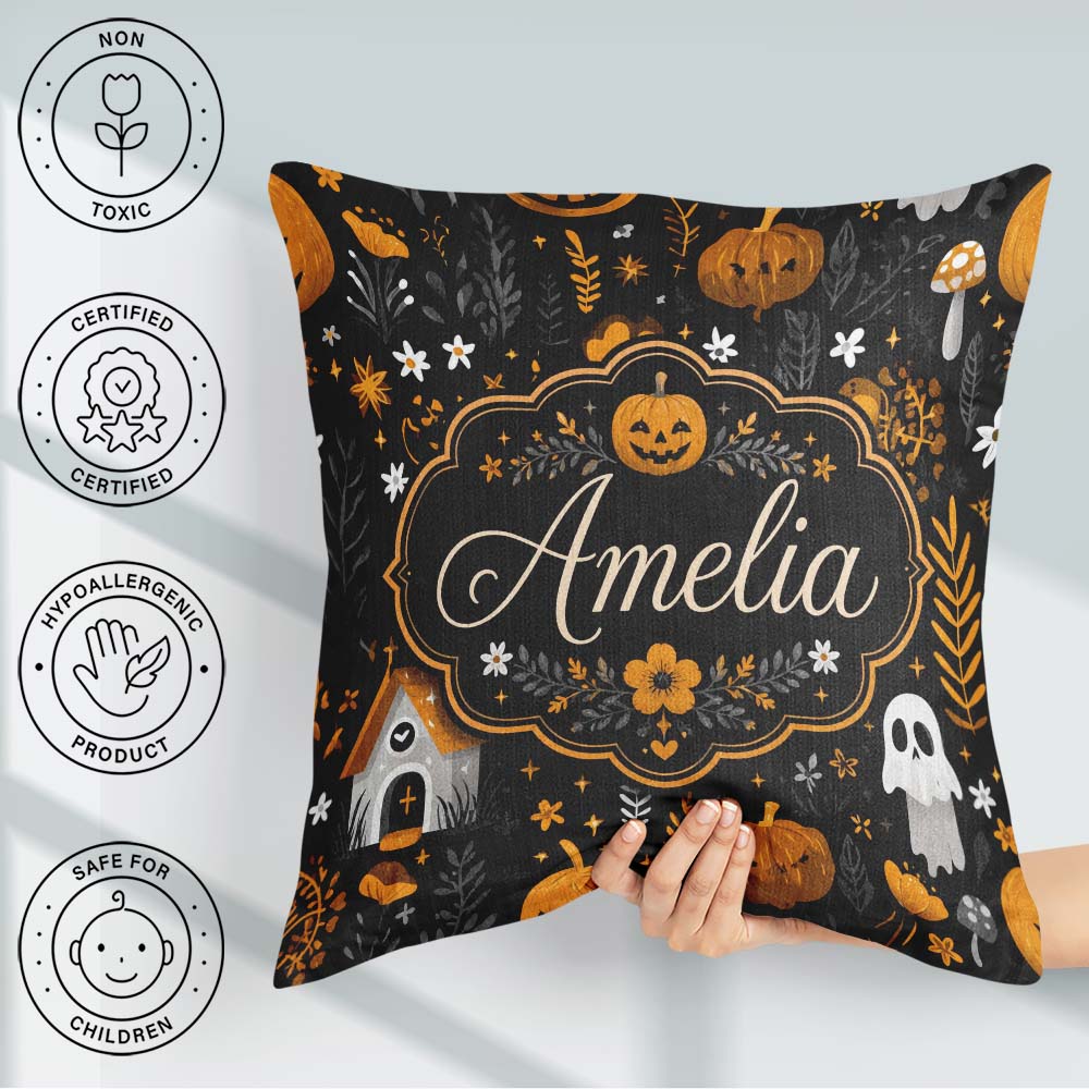Custom Name Halloween Cute Ghost House Floral Night Pattern Name Square Filled Cushion Throw Pillow Sofa Bed Home Decor Zip Washable UK Made