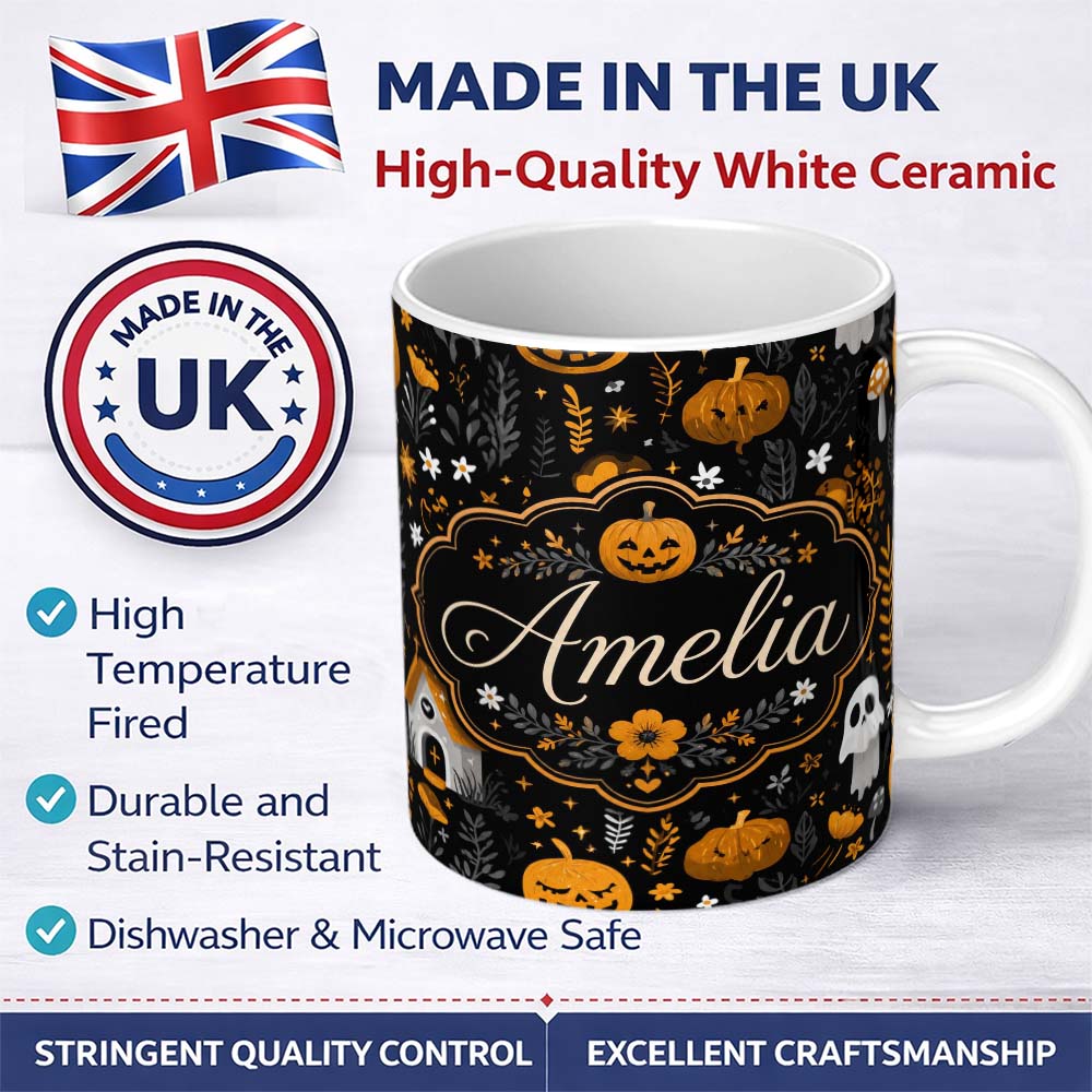 Personalized Custom Name Halloween Cute Ghost House Floral Night Seamless Pattern Name 11oz Ceramic Coffee Tea Mug White Large Handle