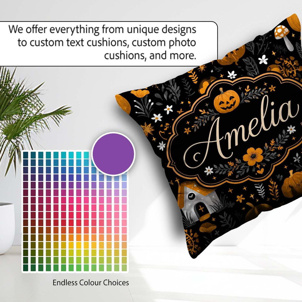 Custom Name Halloween Cute Ghost House Floral Night Pattern Name Square Filled Cushion Throw Pillow Sofa Bed Home Decor Zip Washable UK Made