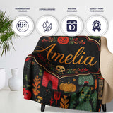 Folk Art Halloween Creatures Masks and Nature Seamless Pattern Name  Personalised Custom Name Super Soft Fleece Blanket Bed Sofa Throw