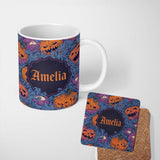 Personalized Custom Name Spooky Pumpkin Eyes Horror Abstract Seamless Pattern Name Cute 11oz Ceramic Coffee Tea Mug White Large Handle