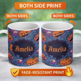 Personalized Custom Name Spooky Pumpkin Eyes Horror Abstract Seamless Pattern Name Cute 11oz Ceramic Coffee Tea Mug White Large Handle