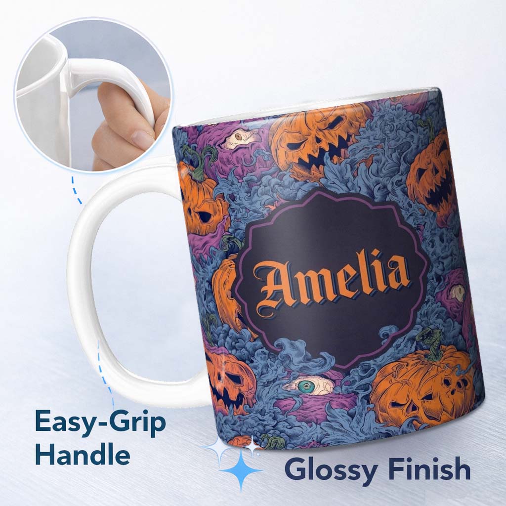Personalized Custom Name Spooky Pumpkin Eyes Horror Abstract Seamless Pattern Name Cute 11oz Ceramic Coffee Tea Mug White Large Handle