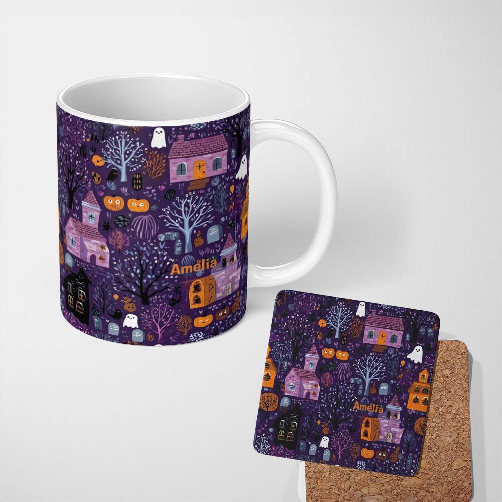 Personalized Custom Name Haunted Village Purple Night Halloween Seamless Pattern Name Cute 11oz Ceramic Coffee Tea Mug White Large Handle