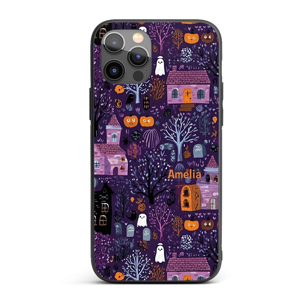 Haunted Village Purple Night Halloween Seamless Custom Name Protective Phone Case Mobile Cover Durable Everyday Smartphone Shock Resistant