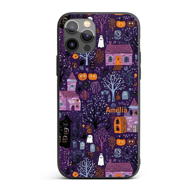 Haunted Village Purple Night Halloween Seamless Custom Name Protective Phone Case Mobile Cover Durable Everyday Smartphone Shock Resistant