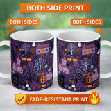 Personalized Custom Name Haunted Village Purple Night Halloween Seamless Pattern Name Cute 11oz Ceramic Coffee Tea Mug White Large Handle