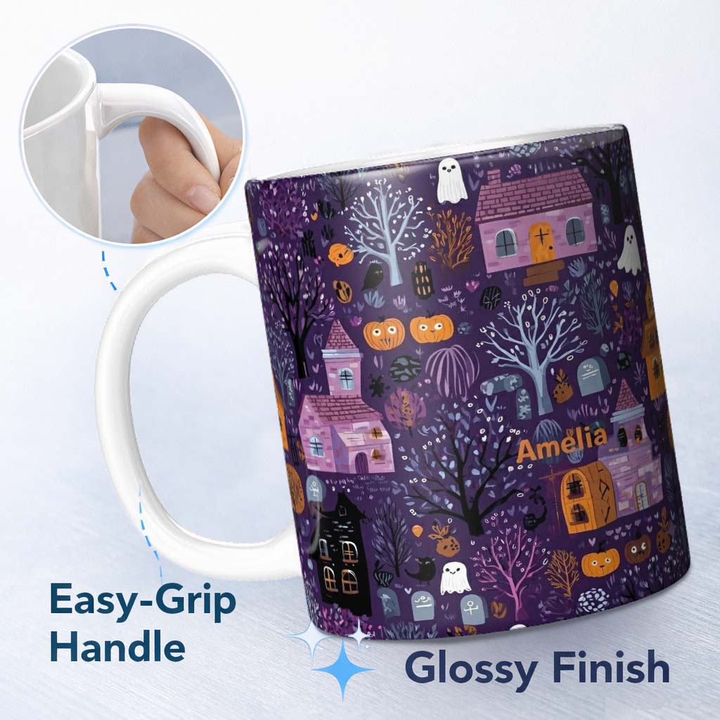 Personalized Custom Name Haunted Village Purple Night Halloween Seamless Pattern Name Cute 11oz Ceramic Coffee Tea Mug White Large Handle