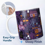 Personalized Custom Name Haunted Village Purple Night Halloween Seamless Pattern Name Cute 11oz Ceramic Coffee Tea Mug White Large Handle