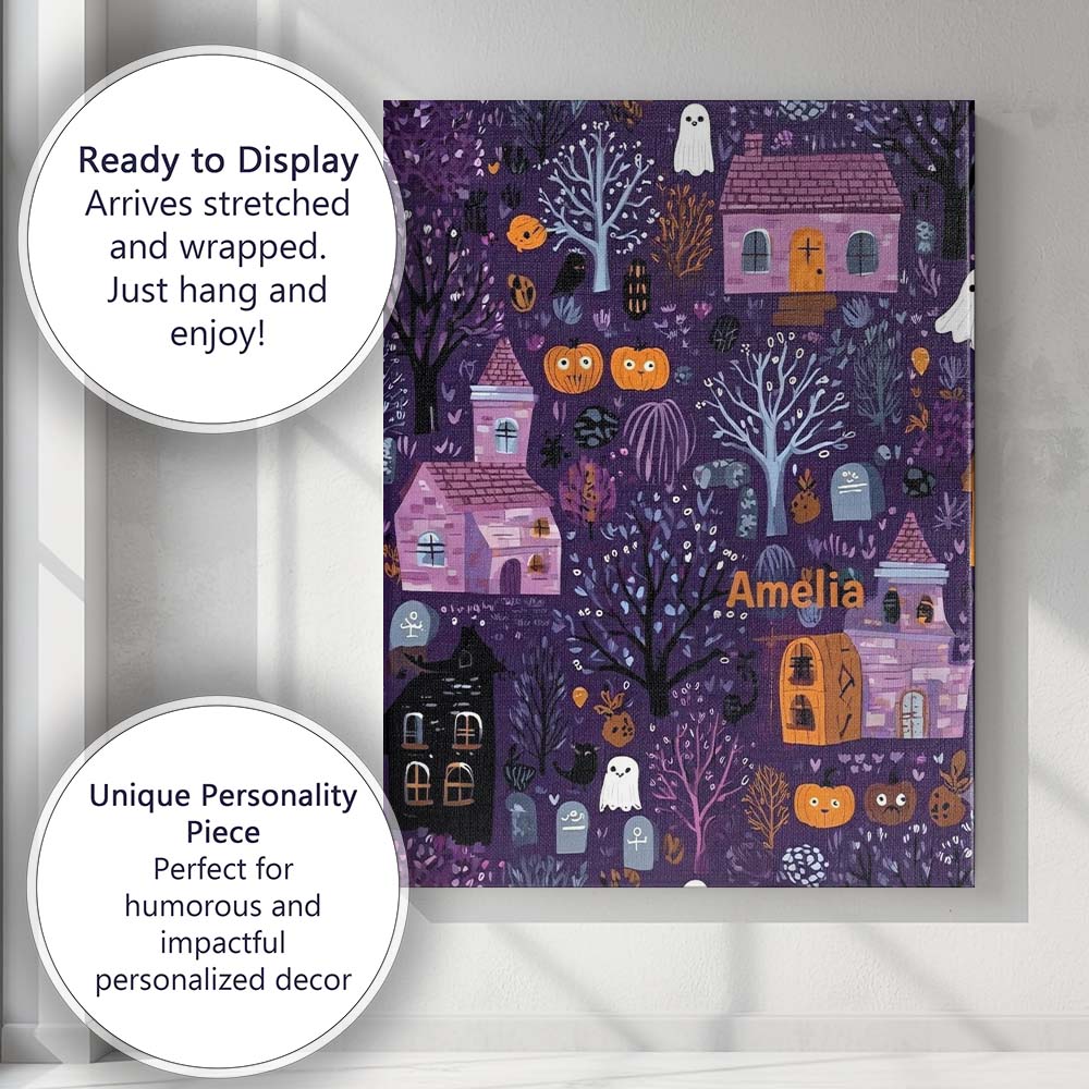 Personalised Name Haunted Village Purple Custom  Unique Gift Idea Elegant Feature Canvas Wall Art Print Decor Picture Ready to Hang