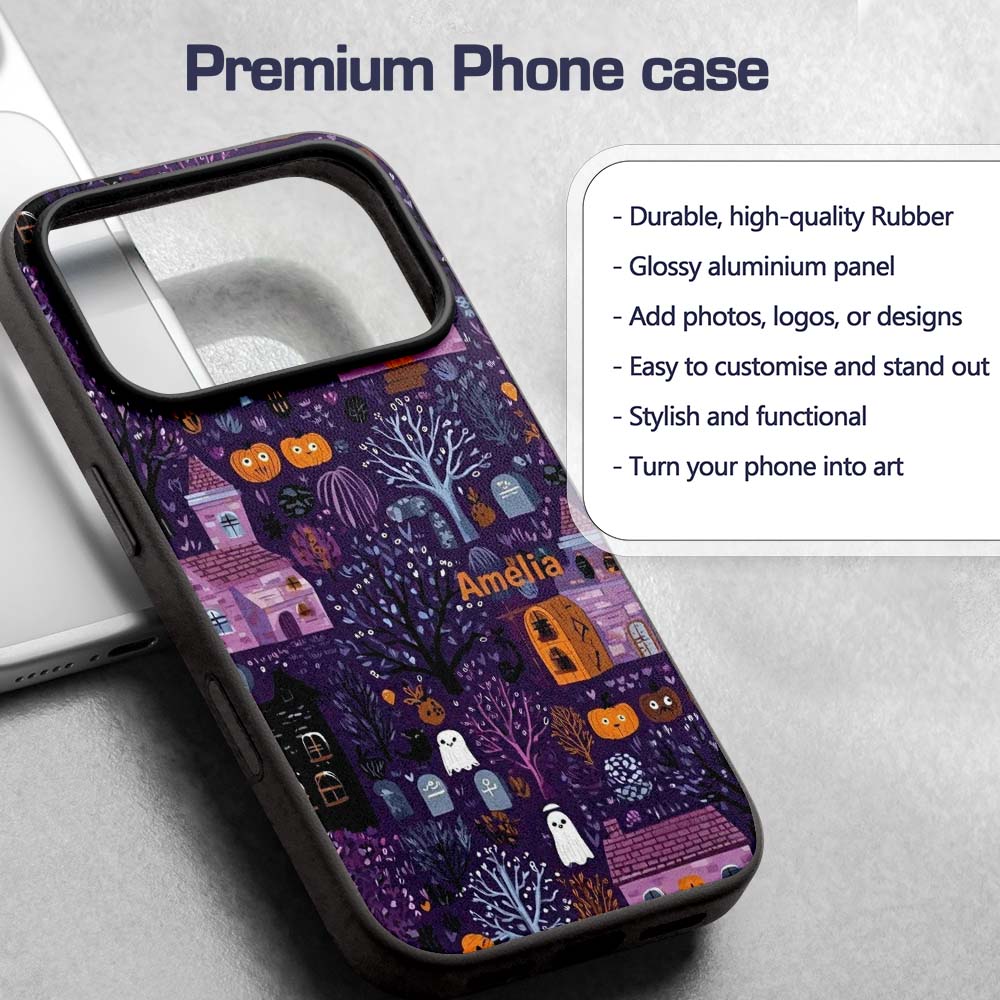 Haunted Village Purple Night Halloween Seamless Custom Name Protective Phone Case Mobile Cover Durable Everyday Smartphone Shock Resistant