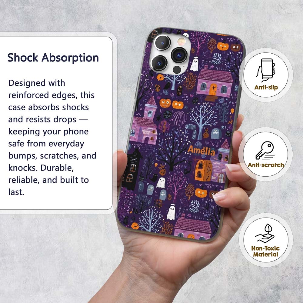 Haunted Village Purple Night Halloween Seamless Custom Name Protective Phone Case Mobile Cover Durable Everyday Smartphone Shock Resistant