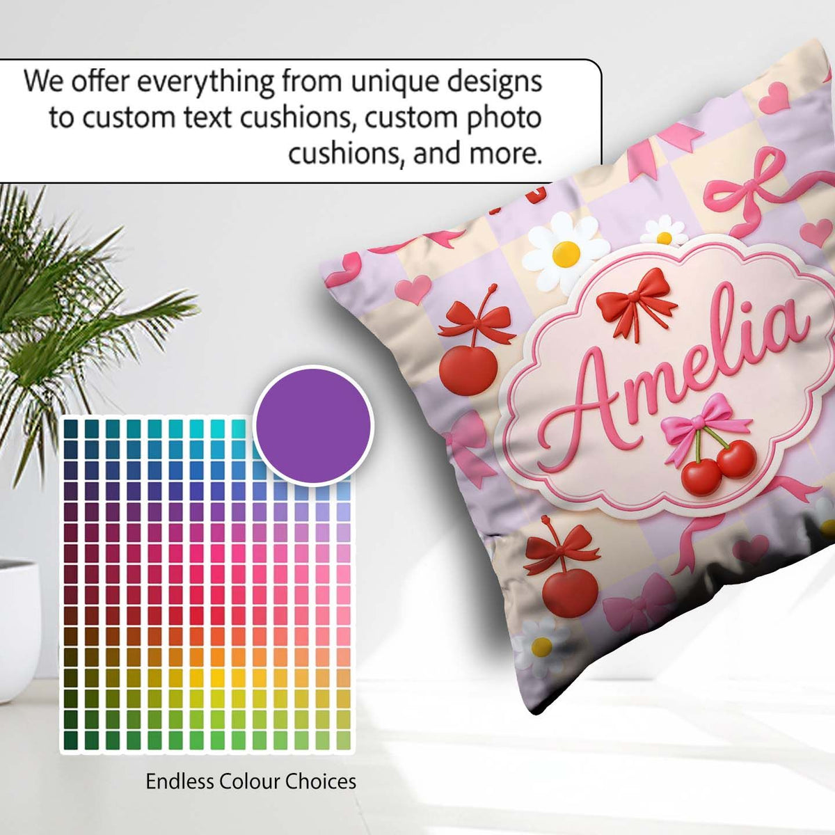 Custom Name Cute Cherry Bow Daisy Heart Seamless on Pastel Lilac Square Filled Cushion Throw Pillow Sofa Bed Home Decor Zip Washable UK Made