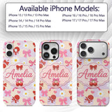 Cute Cherry Bow Daisy Heart Seamless Pattern on Custom Name Protective Phone Case Mobile Cover Durable Everyday Smartphone Shock Resistant