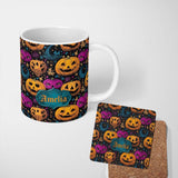 Personalized Custom Name Colorful Halloween Pumpkins Stars Seamless Pattern Name Cute Unique 11oz Ceramic Coffee Tea Mug White Large Handle