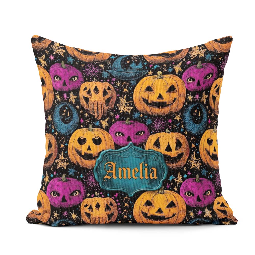 Custom Name Colorful Halloween Pumpkins Stars Seamless Name Cute Square Filled Cushion Throw Pillow Sofa Bed Home Decor Zip Washable UK Made