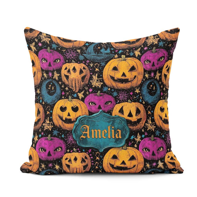 Custom Name Colorful Halloween Pumpkins Stars Seamless Name Cute Square Filled Cushion Throw Pillow Sofa Bed Home Decor Zip Washable UK Made