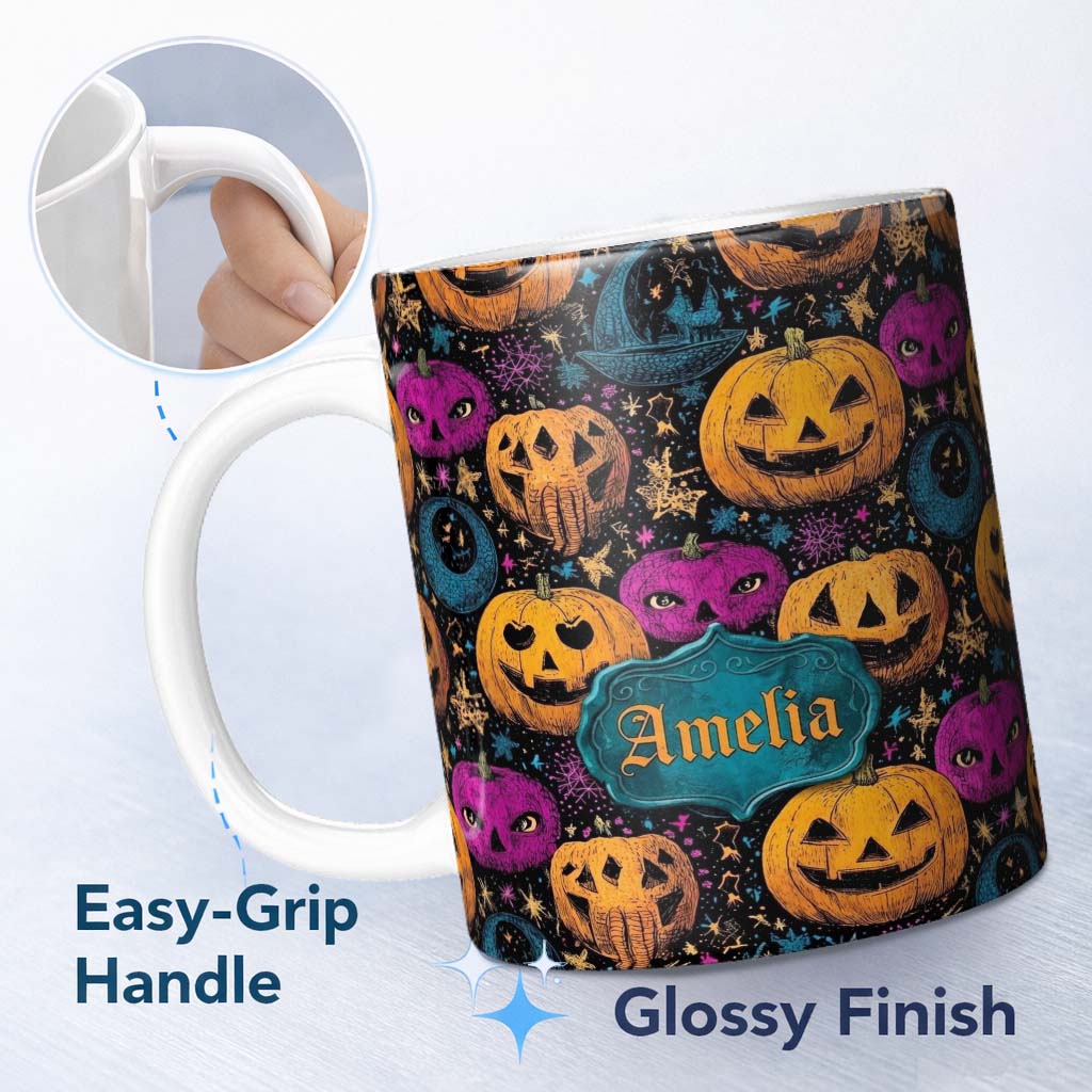 Personalized Custom Name Colorful Halloween Pumpkins Stars Seamless Pattern Name Cute Unique 11oz Ceramic Coffee Tea Mug White Large Handle