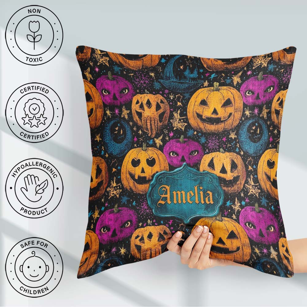Custom Name Colorful Halloween Pumpkins Stars Seamless Name Cute Square Filled Cushion Throw Pillow Sofa Bed Home Decor Zip Washable UK Made