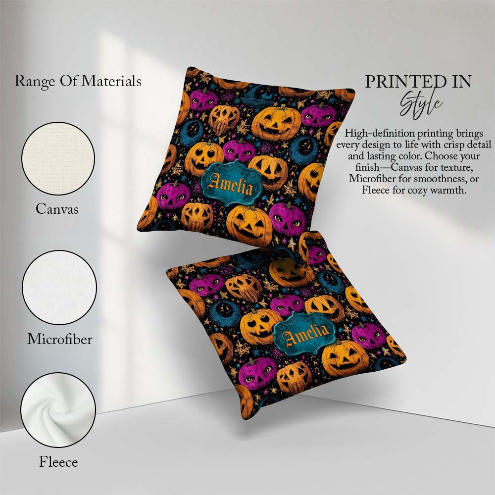 Custom Name Colorful Halloween Pumpkins Stars Seamless Name Cute Square Filled Cushion Throw Pillow Sofa Bed Home Decor Zip Washable UK Made