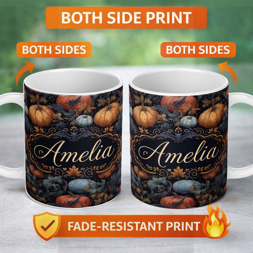 Personalized Custom Name Vintage Pumpkin Bats Botanical Night Seamless Pattern Name Cute 11oz Ceramic Coffee Tea Mug White Large Handle