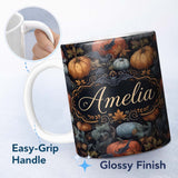 Personalized Custom Name Vintage Pumpkin Bats Botanical Night Seamless Pattern Name Cute 11oz Ceramic Coffee Tea Mug White Large Handle