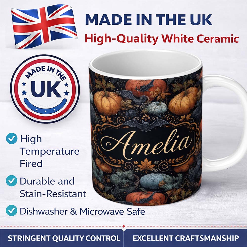 Personalized Custom Name Vintage Pumpkin Bats Botanical Night Seamless Pattern Name Cute 11oz Ceramic Coffee Tea Mug White Large Handle