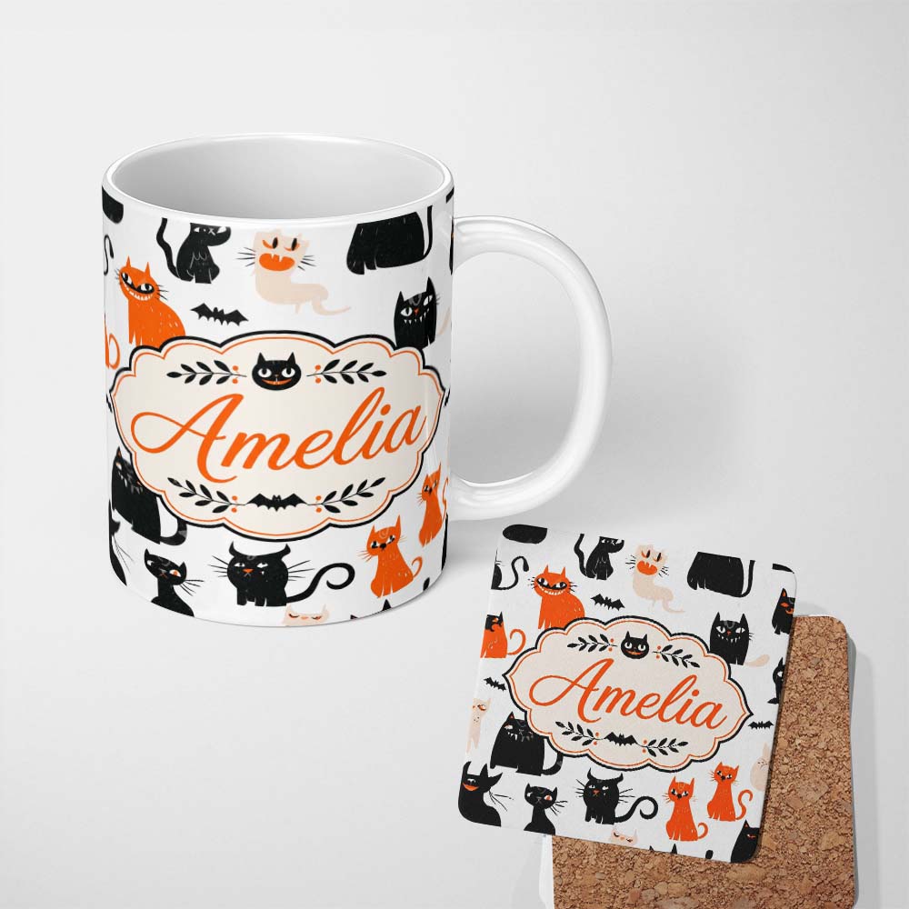 Personalized Custom Name Cute Halloween Black Cats Orange Accents Seamless Pattern Name 11oz Ceramic Coffee Tea Mug White Large Handle
