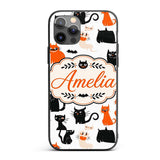 Cute Halloween Black Cats Orange Accents Seamless Custom Name Protective Phone Case Mobile Cover Durable Everyday Smartphone Shock Resistant