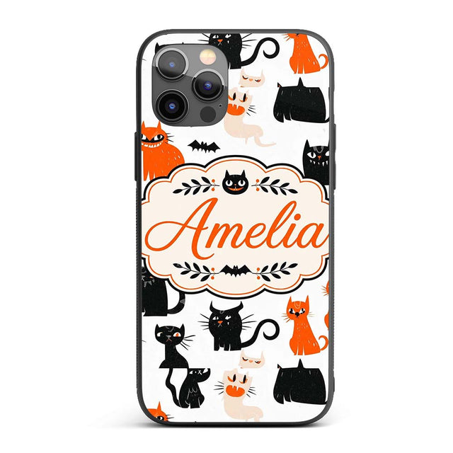 Cute Halloween Black Cats Orange Accents Seamless Custom Name Protective Phone Case Mobile Cover Durable Everyday Smartphone Shock Resistant