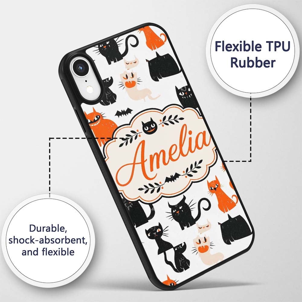 Cute Halloween Black Cats Orange Accents Seamless Custom Name Protective Phone Case Mobile Cover Durable Everyday Smartphone Shock Resistant