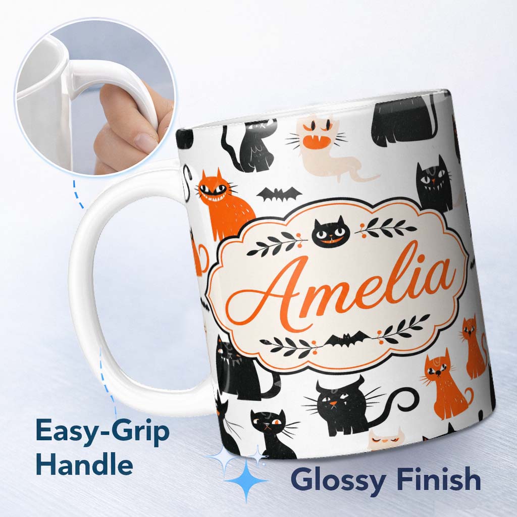 Personalized Custom Name Cute Halloween Black Cats Orange Accents Seamless Pattern Name 11oz Ceramic Coffee Tea Mug White Large Handle