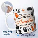 Personalized Custom Name Cute Halloween Black Cats Orange Accents Seamless Pattern Name 11oz Ceramic Coffee Tea Mug White Large Handle