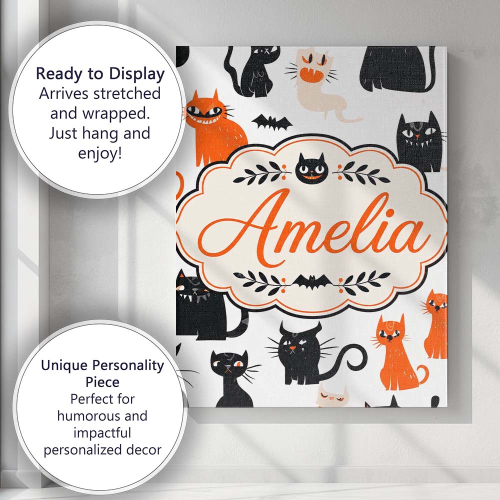 Personalised Name Cute Halloween Black Cats Custom  Bespoke Interior Contemporary Canvas Wall Art Print Decor Picture Ready to Hang